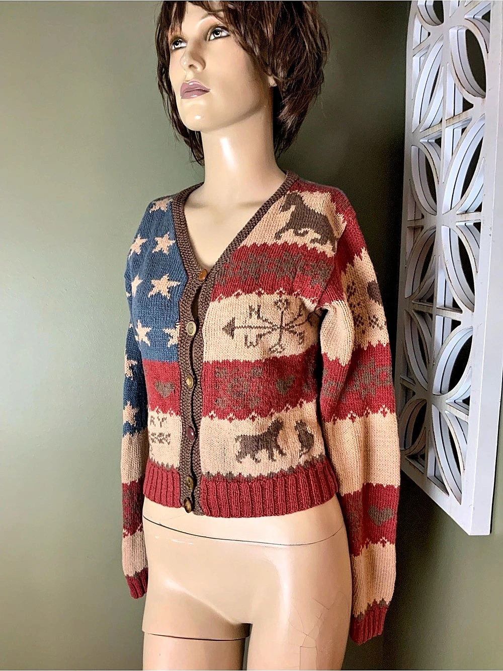 Ralph Lauren Country Cardigan in Red & Blue Size Medium